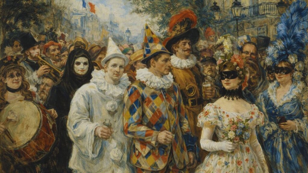 Pintura 'Le Carnaval' de Édouard Manet, retratando celebração carnavalesca em Paris no século XIX como exemplo de arte profana.