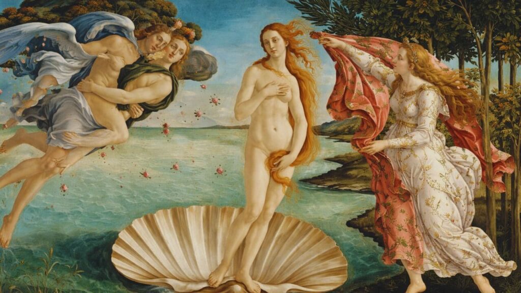 Pintura 'O Nascimento de Vênus' de Sandro Botticelli, representando cena mitológica do Renascimento, exemplo clássico de arte profana