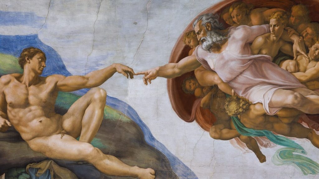 Afresco A Criação de Adão, de Michelangelo, representando o toque entre Deus e Adão na Capela Sistina.