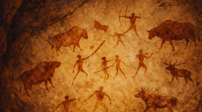 Pintura rupestre com figuras humanas e animais em parede de caverna, representando a origem da arte.