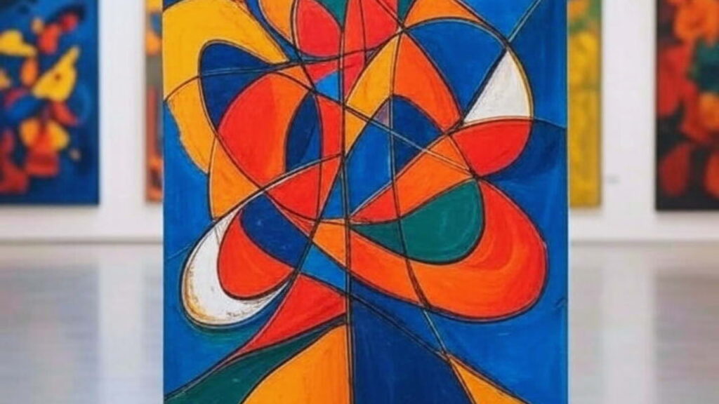 Pintura abstrata contemporânea com formas curvas em tons de laranja, azul, vermelho e verde exposta em uma galeria de arte moderna.