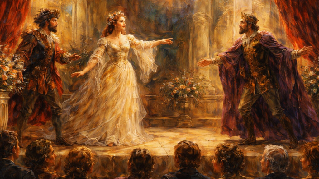 Pintura mostrando atores em uma cena teatral iluminada no palco, representando emoções diante de uma plateia.